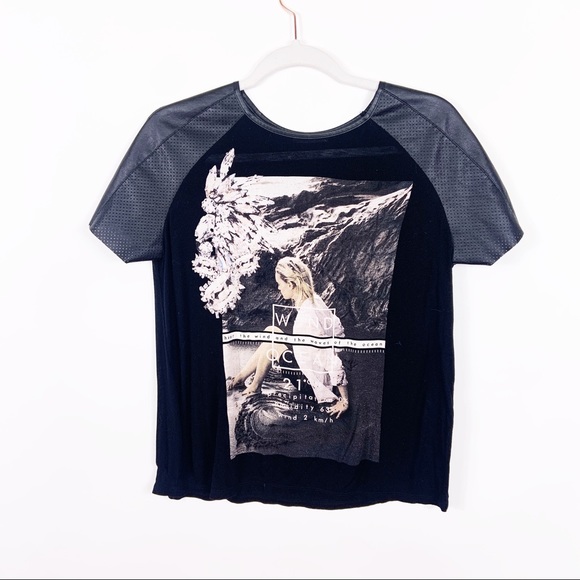 Zara Faux Leather Sleeve Graphic Tee Md 